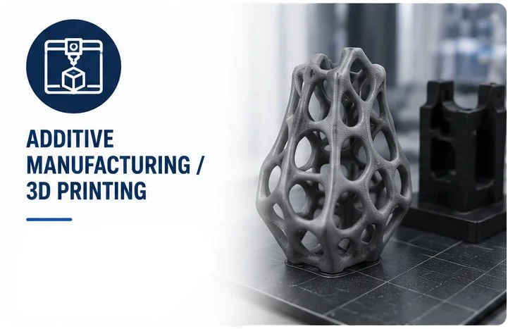 3D-printed lattice structure model on a table with a sign reading "Additive Manufacturing / 3D Printing" and an icon of a 3D printer.