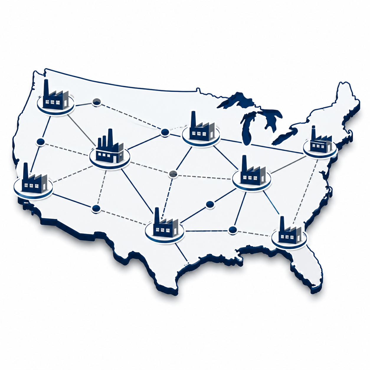 Map of the United States with interconnected factory icons representing a network or supply chain.