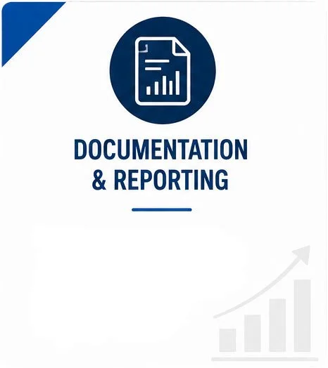 Icon of a document with a bar graph above the words 'Documentation & Reporting' and an upward trending arrow in the background.