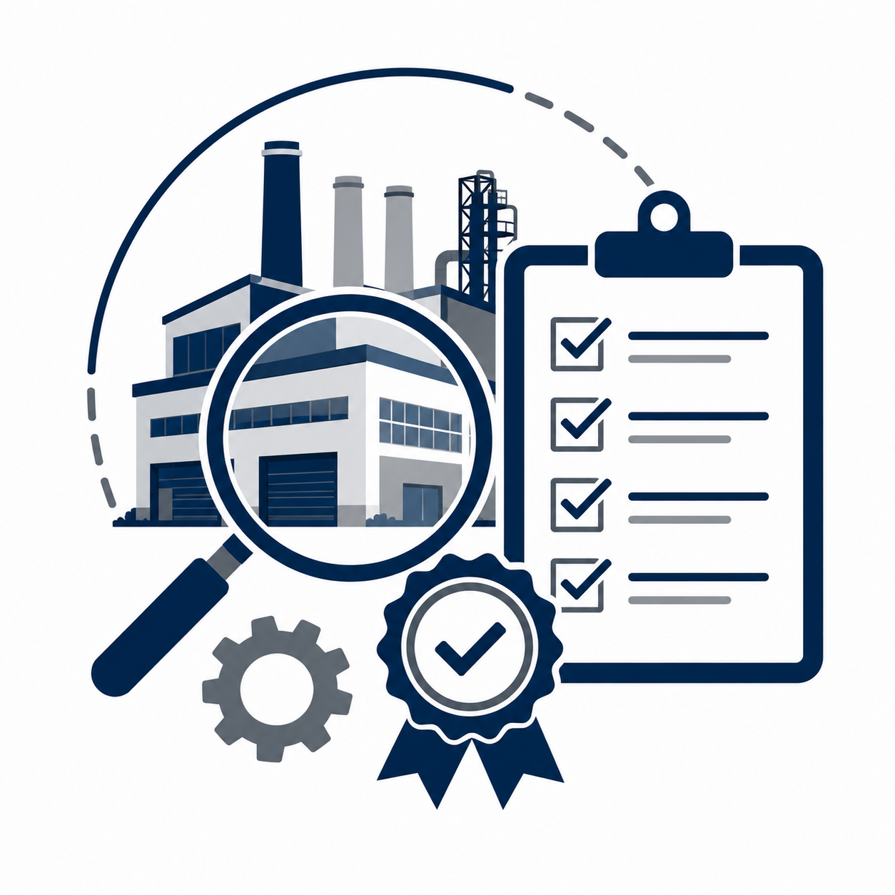 Illustration of a factory with a magnifying glass, checklist on a clipboard, gear, and a badge with a checkmark, symbolizing quality inspection and industrial compliance.
