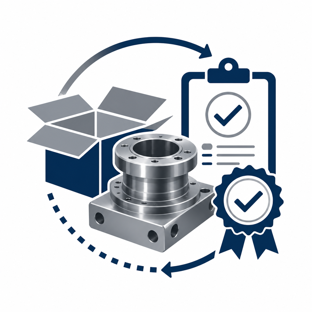 Industrial machine parts with a box, a metal component, and icons of a checklist and a certificate with checkmarks.