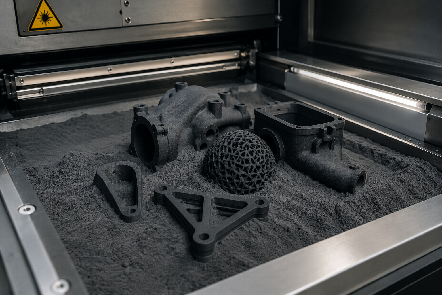 3D printed black objects, including a spherical lattice ball and various mechanical parts, inside a vacuum chamber with a warning label.