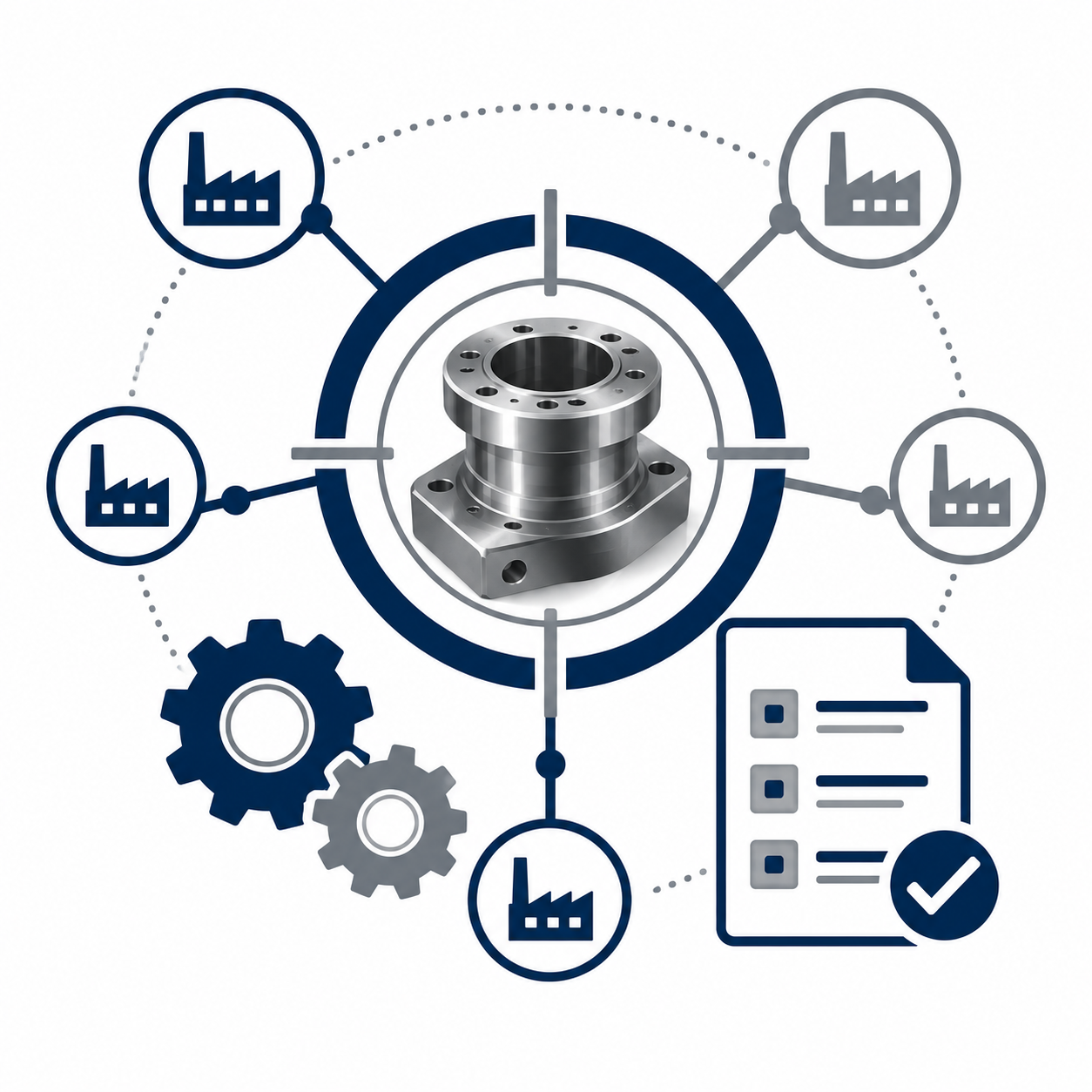 Diagram showing a metal part connected to icons of factories, gears, and a checklist, representing manufacturing and industrial processes.