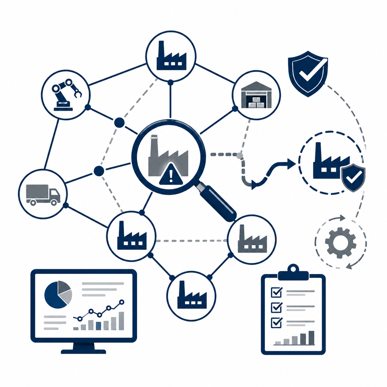 A diagram illustrating manufacturing process management with icons of factories, trucks, robotic arm, warehouse, charts, and shields representing safety and protection, connected by lines and arrows.