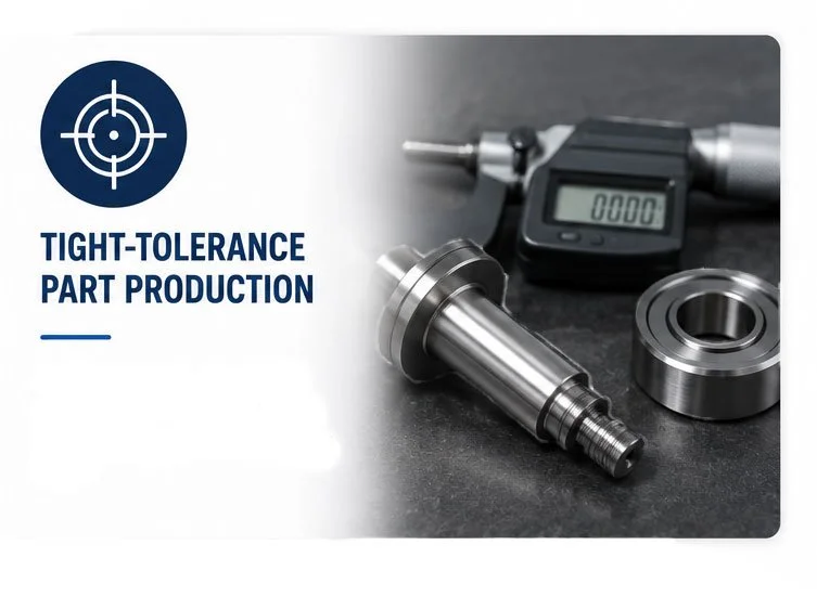 Close-up of precision machined metal components, a digital caliper, and a bearing, promoting tight-tolerance part production.
