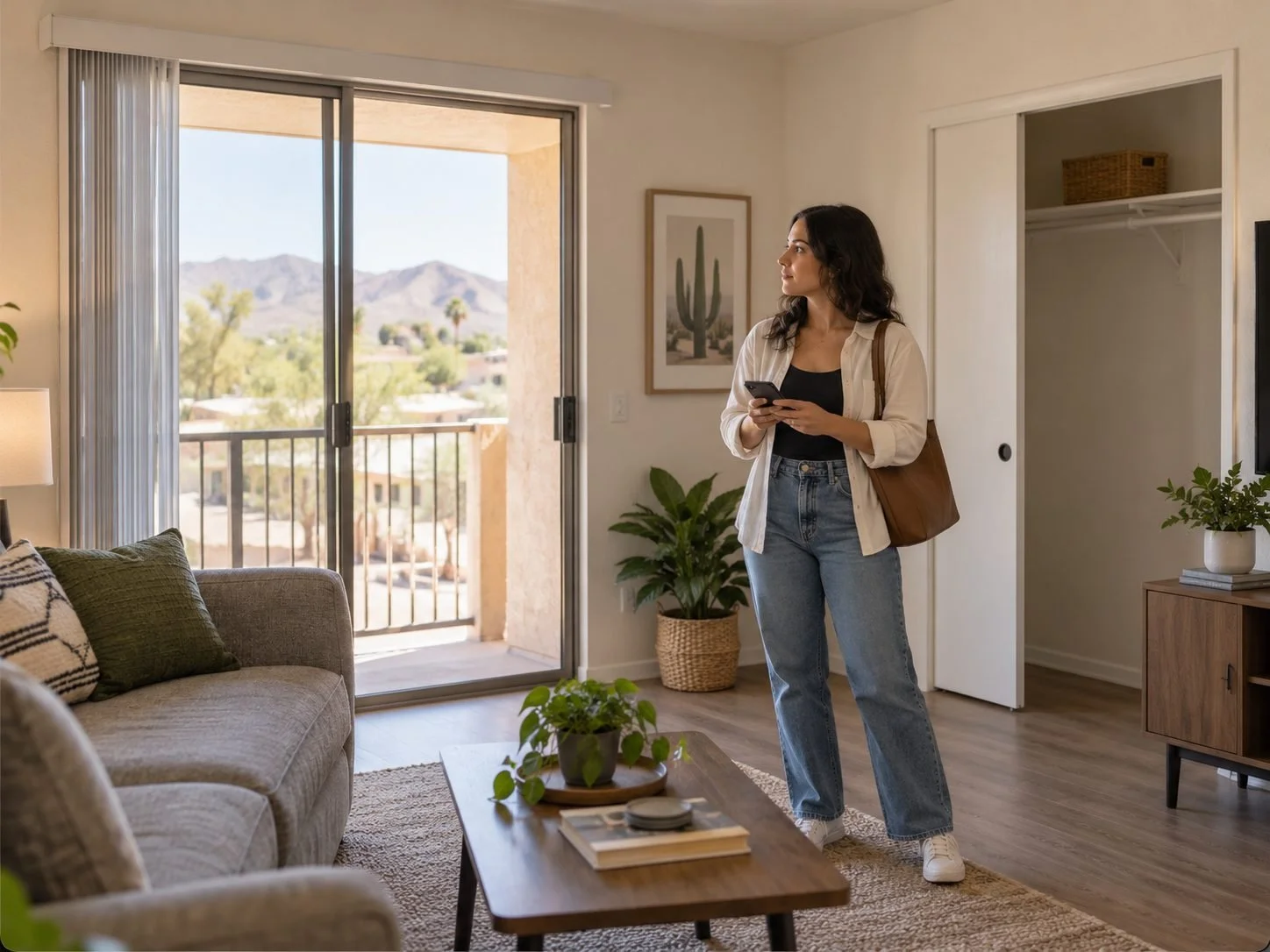 Tucson renter standing in a bright apartment living room with a balcony and mountain view