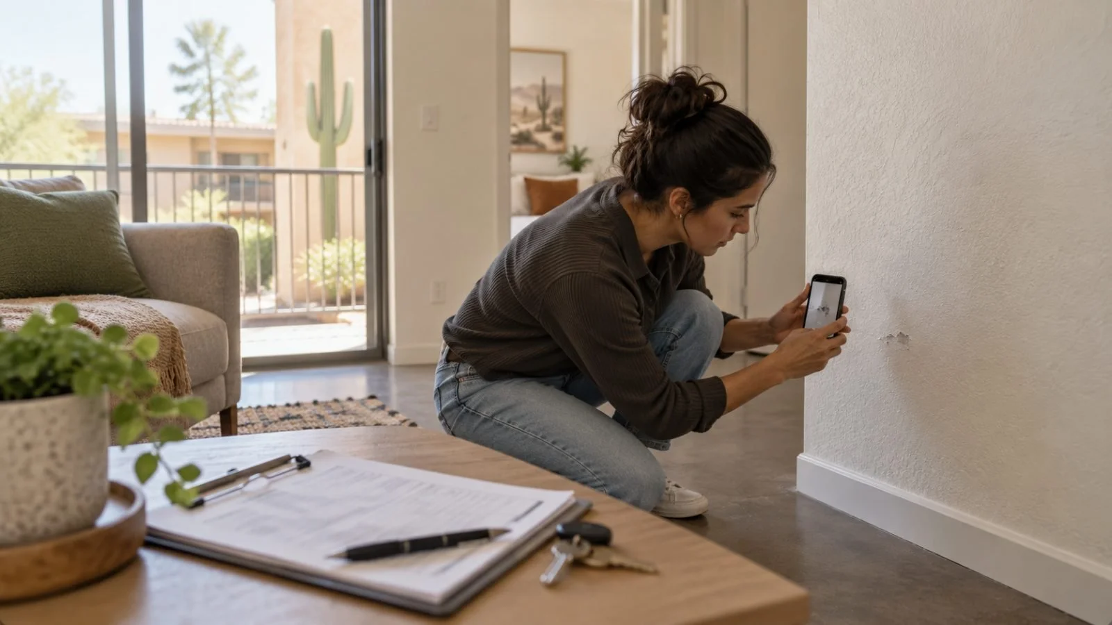 Renter photographing a wall during a move-in inspection with a checklist and keys nearby