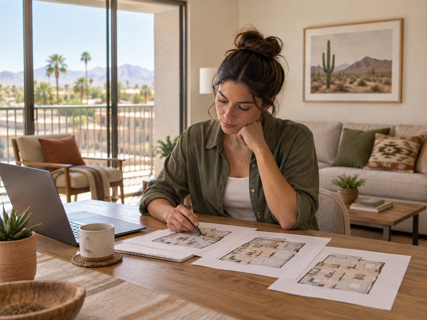 Renter comparing studio, one-bedroom, and two-bedroom floor plans at a table beside a sliding glass door
