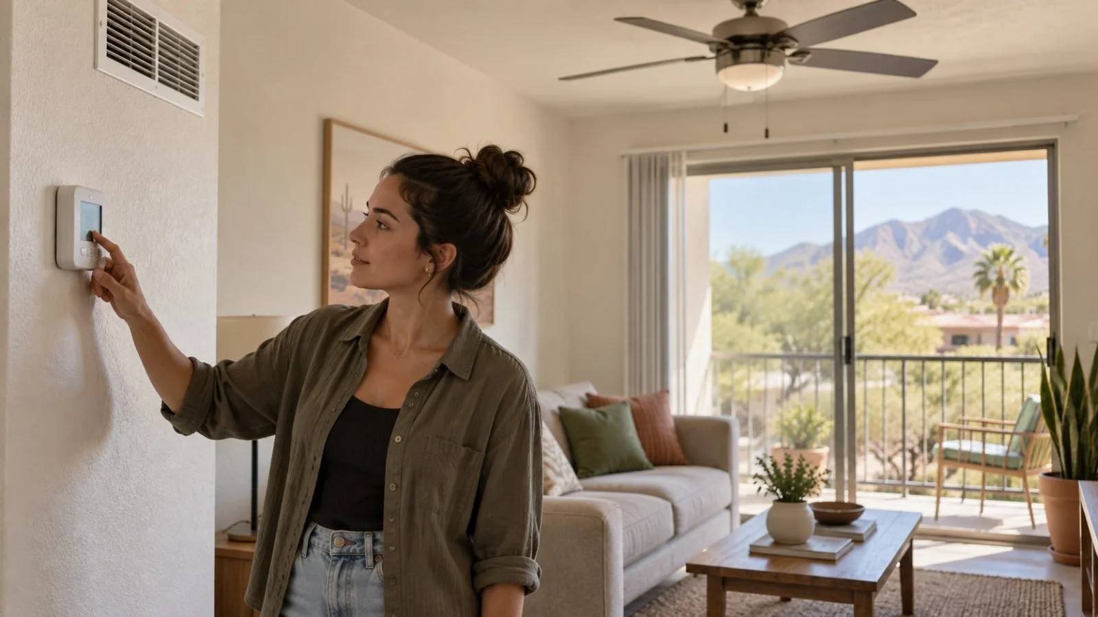 Renter adjusting the thermostat in a Tucson apartment with a ceiling fan and balcony view
