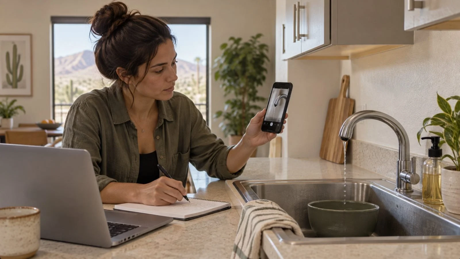 Renter taking a photo of a kitchen sink area to document a maintenance issue