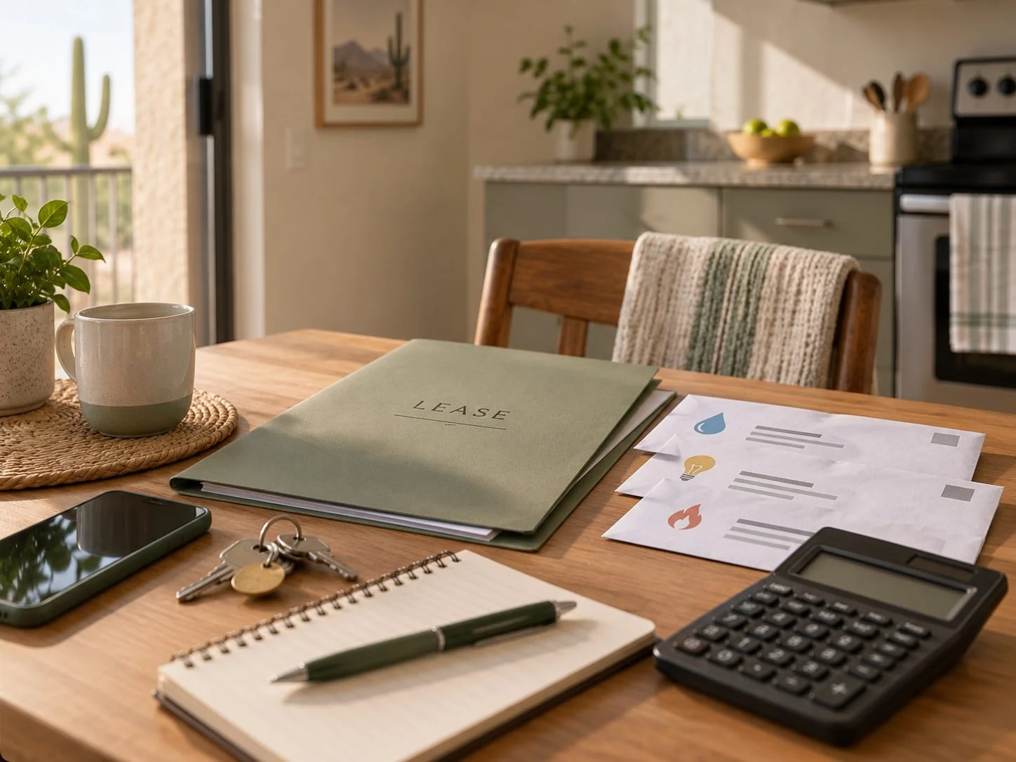 Lease folder, calculator, notebook, and phone on a kitchen table for comparing apartment costs