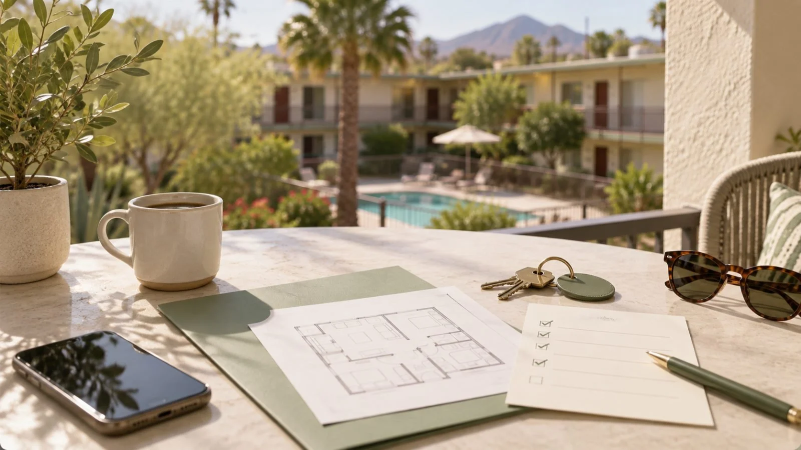 Floor plan, keys, and phone on a table overlooking the apartment pool and courtyard at Broadway Village in Tucson