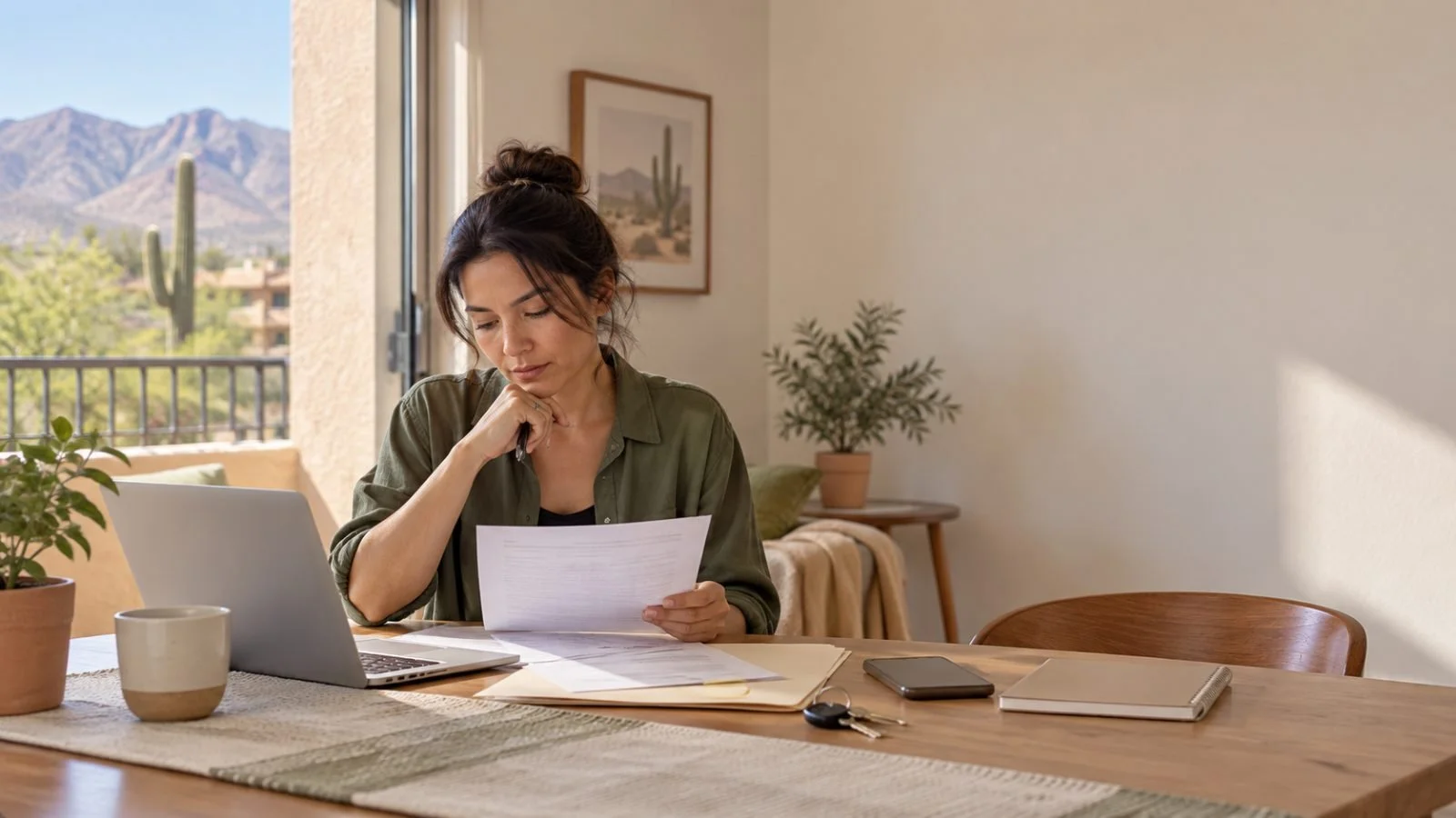 Renter reviewing a lease document at a desk with a laptop in a Tucson apartment
