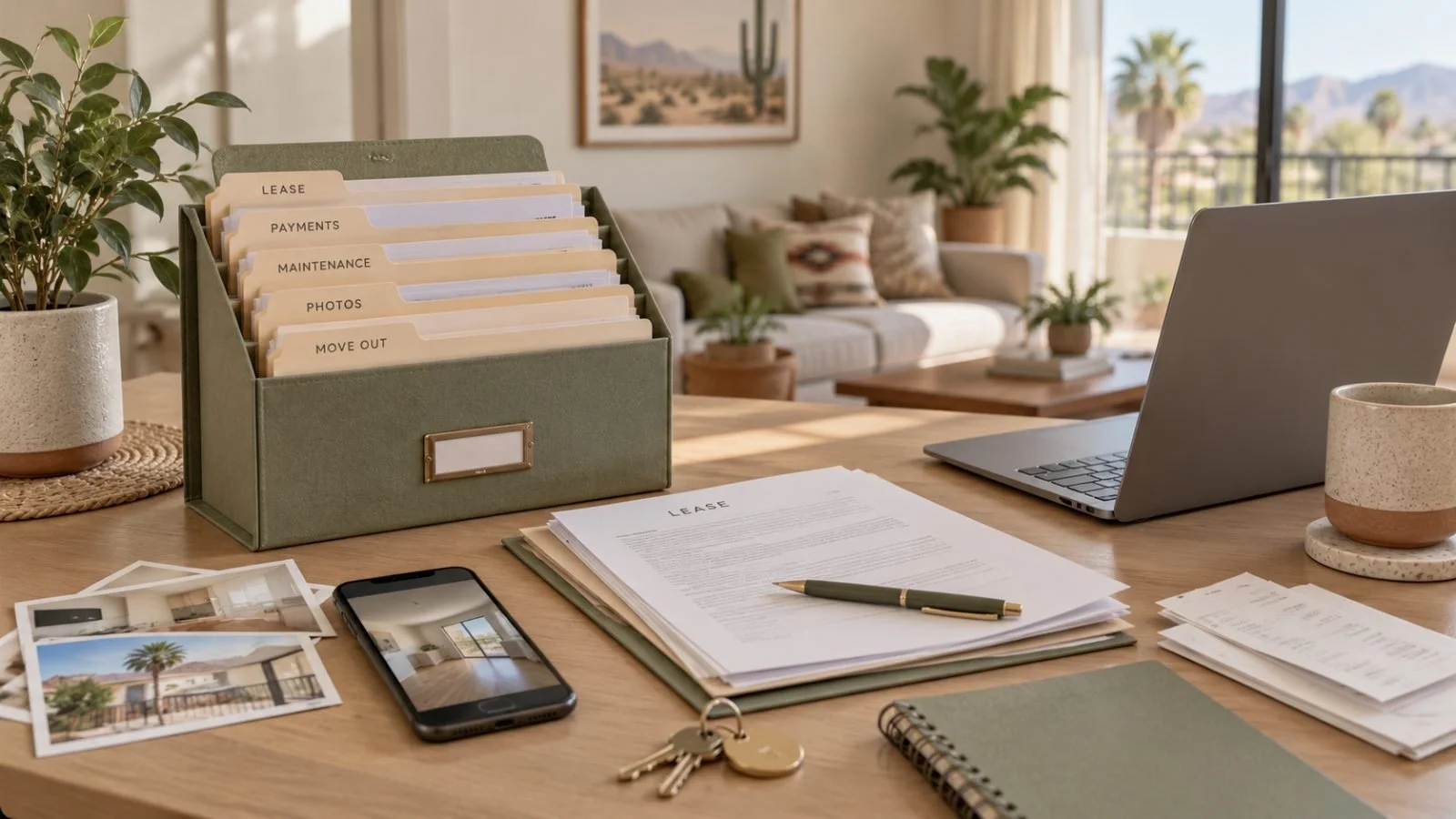 Organized rental file with a lease, keys, and phone on a desk in a Tucson apartment