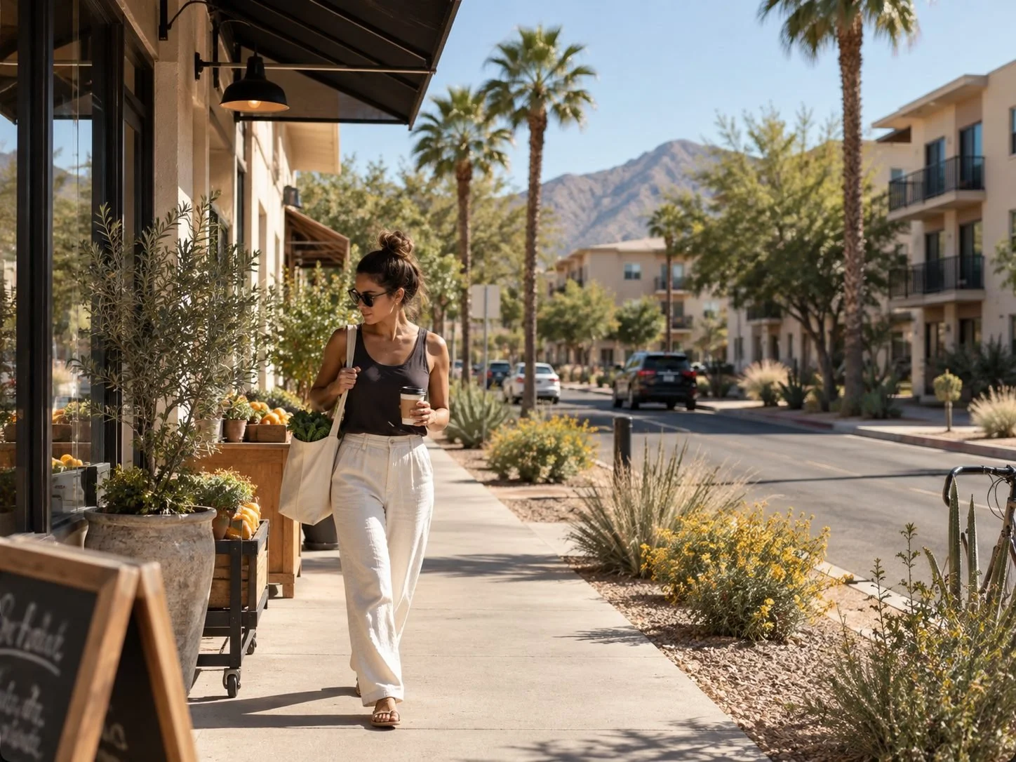 Woman walking along a Midtown Tucson sidewalk lined with shops and palm trees near Broadway Village