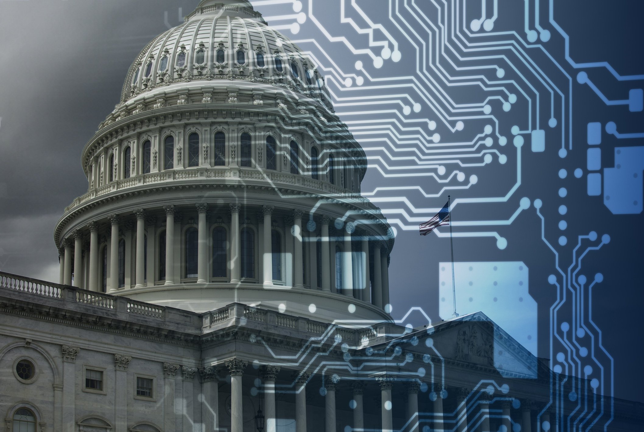 AI generated image of US capitol and computer technology graphics. Jpg.
