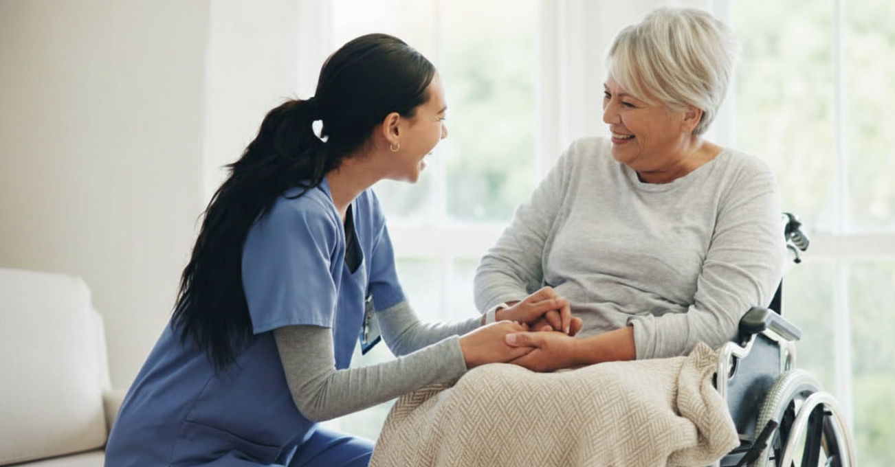 A young female nurse in blue scrubs holding hands and smiling at an elderly woman in a wheelchair in a well-lit room.