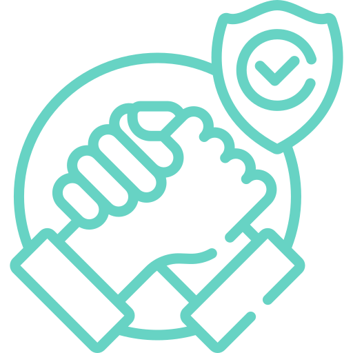 Outline of a handshake, a security shield with a check mark, symbolizing security and trust.