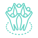 Stylized blue floral design with abstract petals and dotted accents.