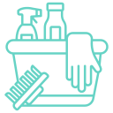 Cleaning supplies including spray bottles, a sponge, and a cleaning cloth.