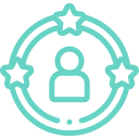 Icon of a person inside a circular interconnected network with stars, representing user connectivity or a social network.