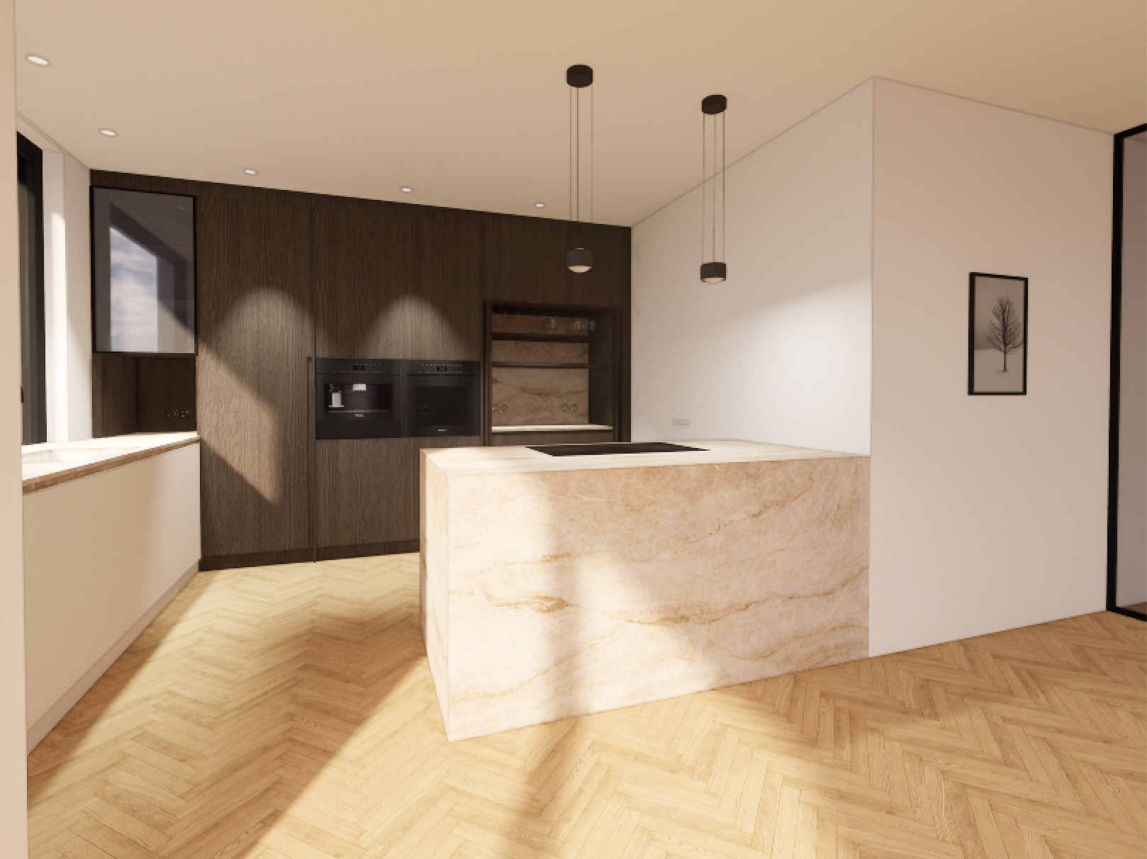 Moderne Küche mit dunklen Holzwänden, weißen und beigem Insel, hölzernem Boden und schlichten Lampen.