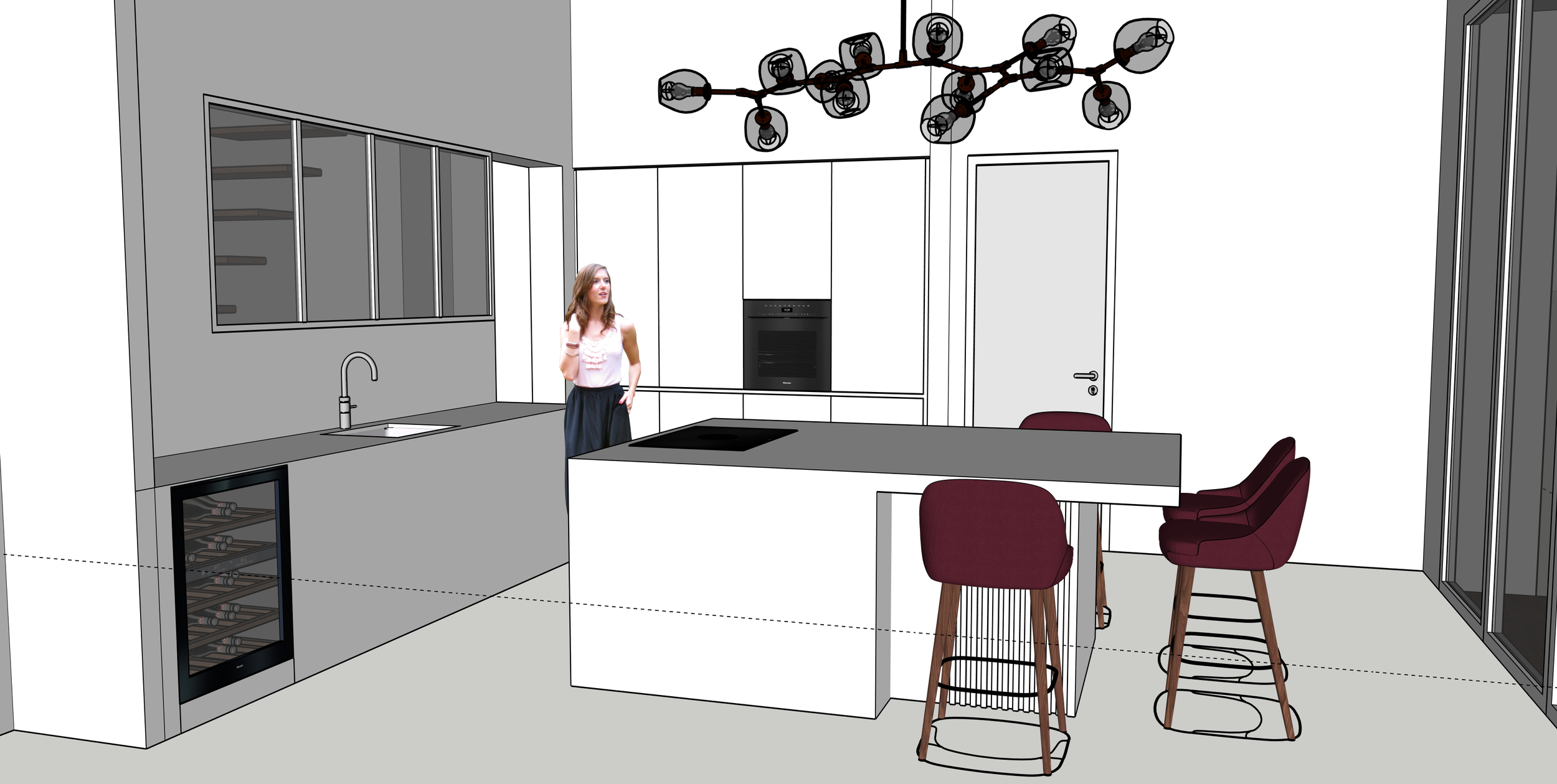 Eine moderne Küchenszene mit weißen Schränken, einem schwarzen Ofen, einem Weinkühlschrank, einer Kücheninsel mit einer schwarzen Kochplatte, einem Wasserhahn, einem hellen Esstisch mit drei roten Barhockern, einem Superhelden-Kronleuchter und einem 