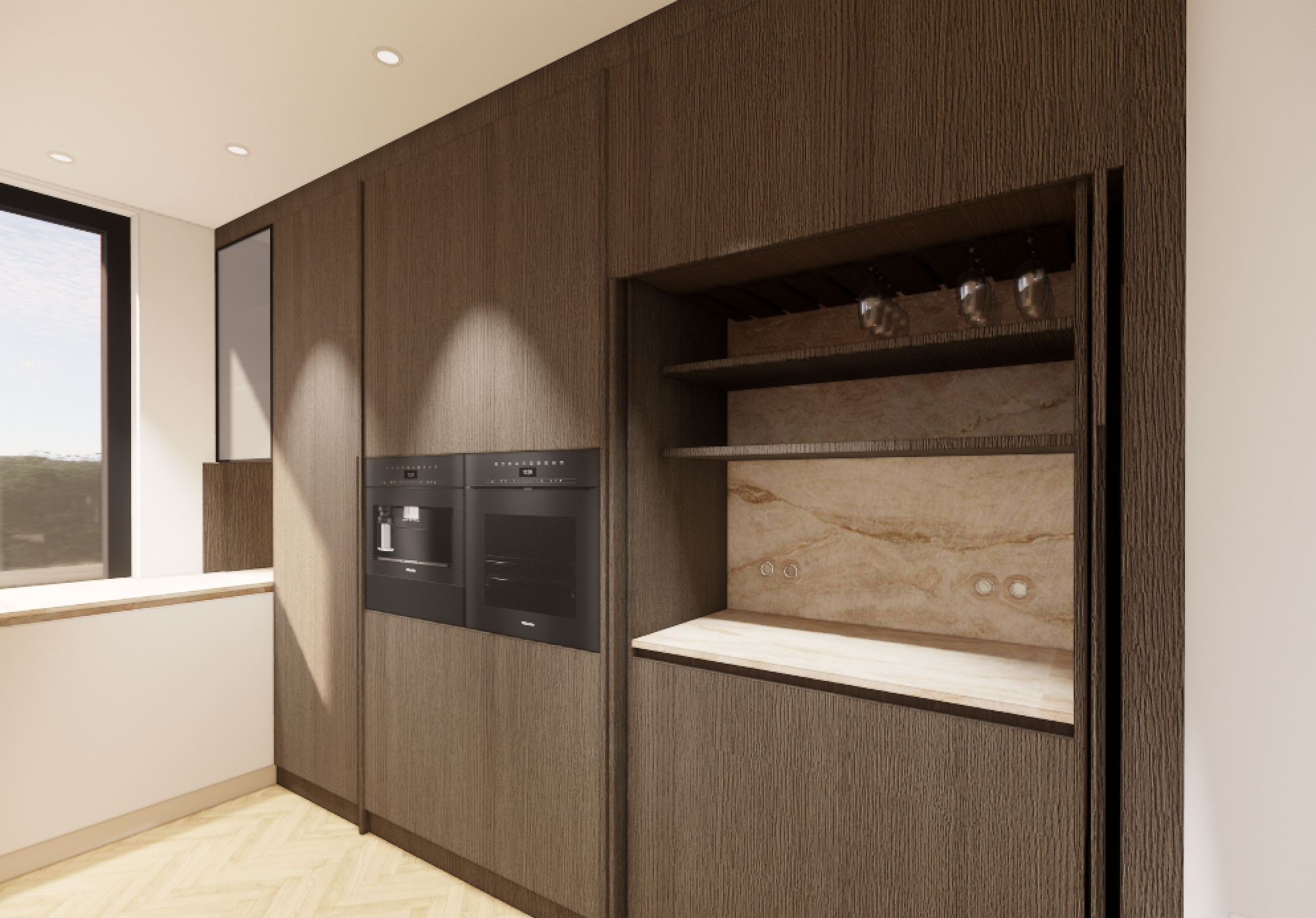 Moderne Küchenzeile mit eingebauten schwarzen Geräten, Holzverkleidung, offene Regale und Blick auf Fenster mit Sicht nach draußen.