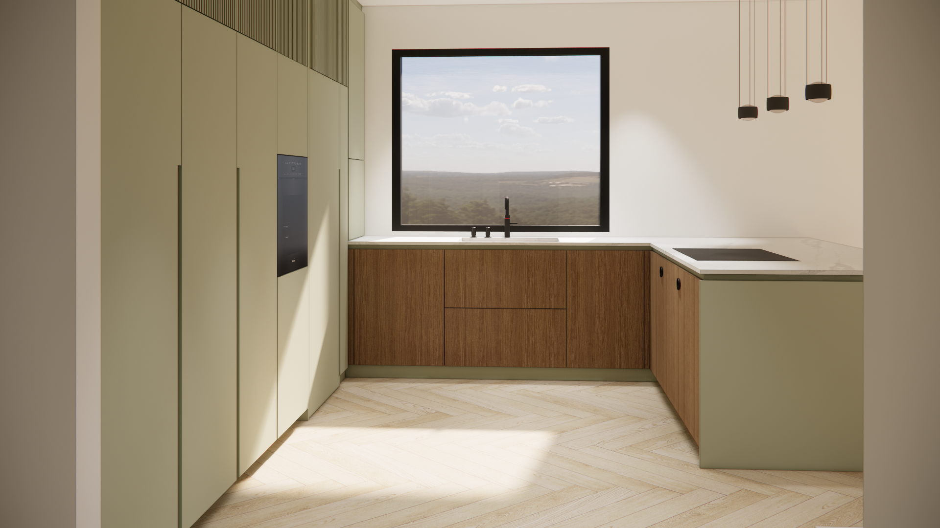 Moderne Küche mit grünen und holzfarbenen Schränken, schwarzer Wasserhahn, Kochplatten und großen Fenster mit Blick auf eine Landschaft.