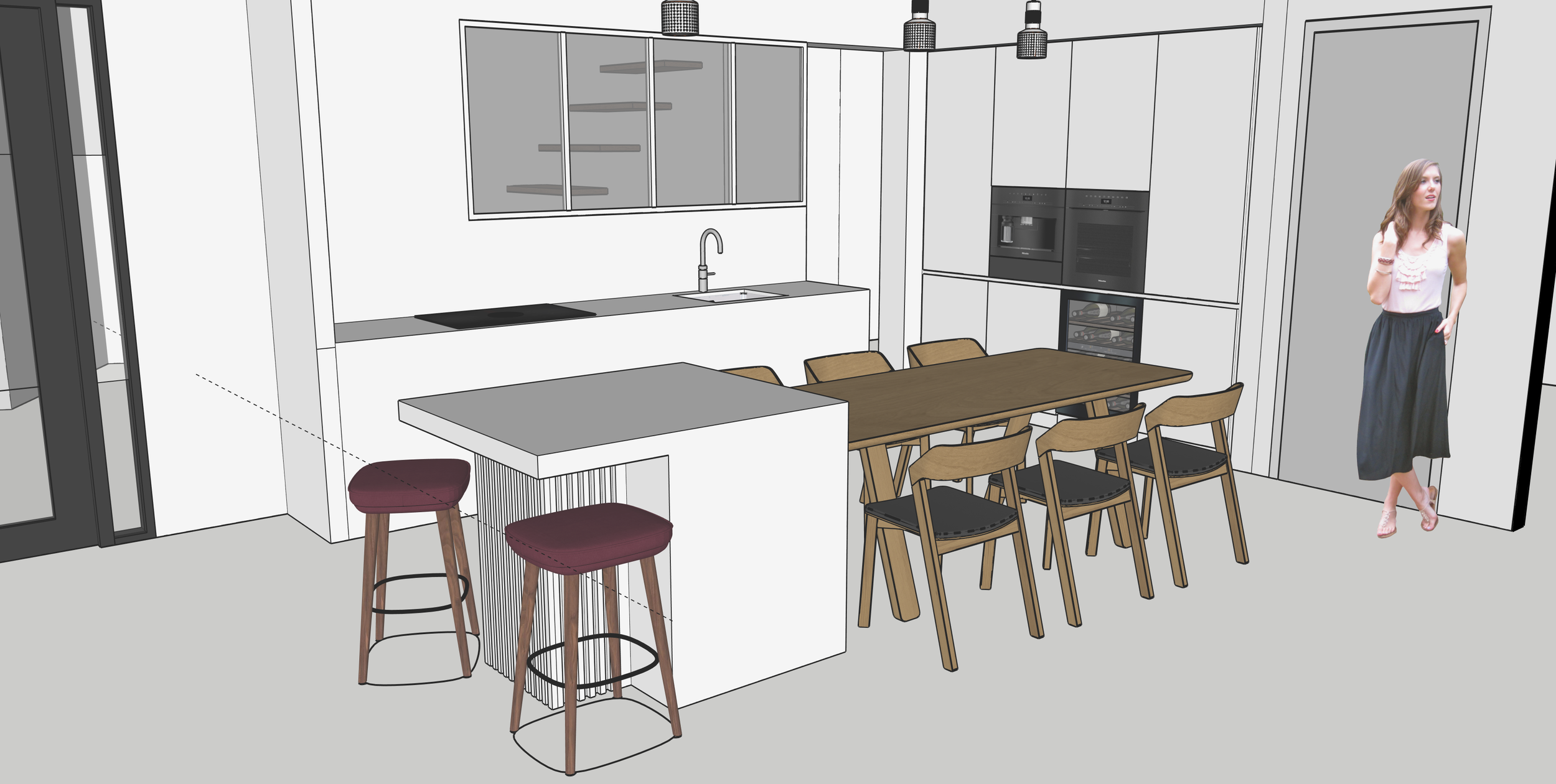 Innenansicht einer modernen Küche mit Esstisch und Stühlen, eine Frau steht an der Tür, während die Küchenschränke und Geräte teilweise fertiggestellt sind.