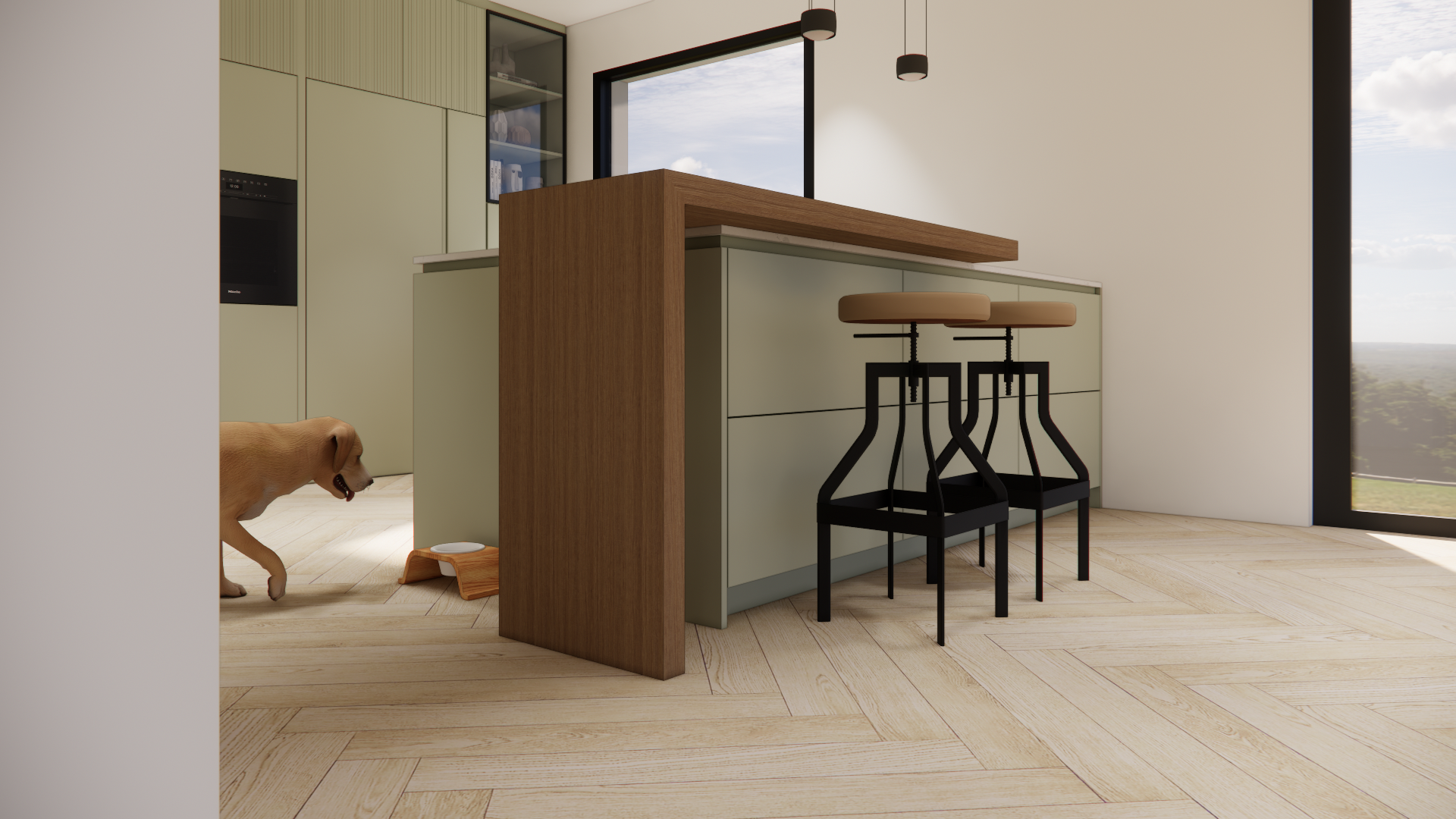 Moderne Küche mit hellem Boden, grünen Schränken, großen Fenstern und einem kleinen Essbereich mit Barhockern. Ein Hund ist im Hintergrund zu sehen.