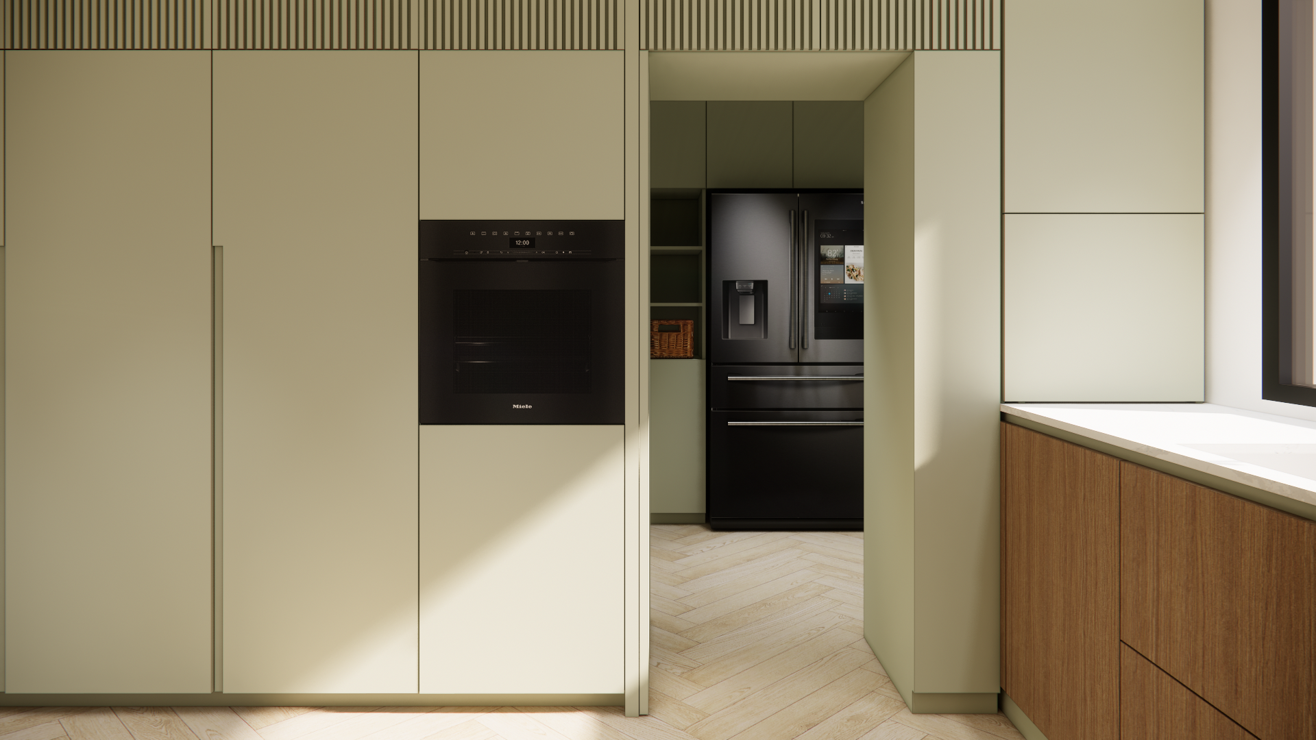 Moderne Küche mit eingebautem Backofen und Kühlschrank in schwarzem Edelstahl, hellgrünen Wandflächen, Holzboden und Fensterbank