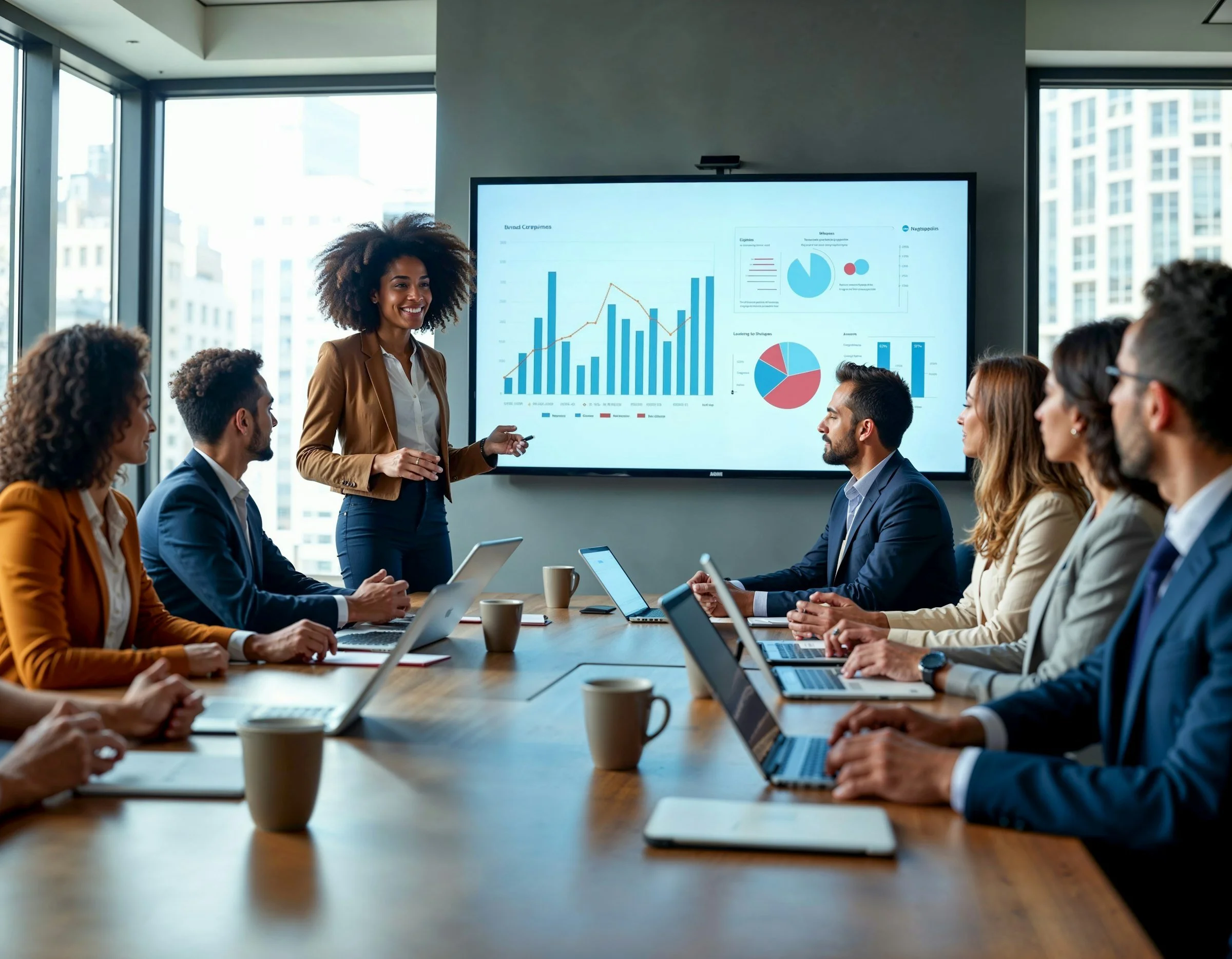 Business meeting with a woman presenting data on a screen, surrounded by colleagues with laptops in a conference room.