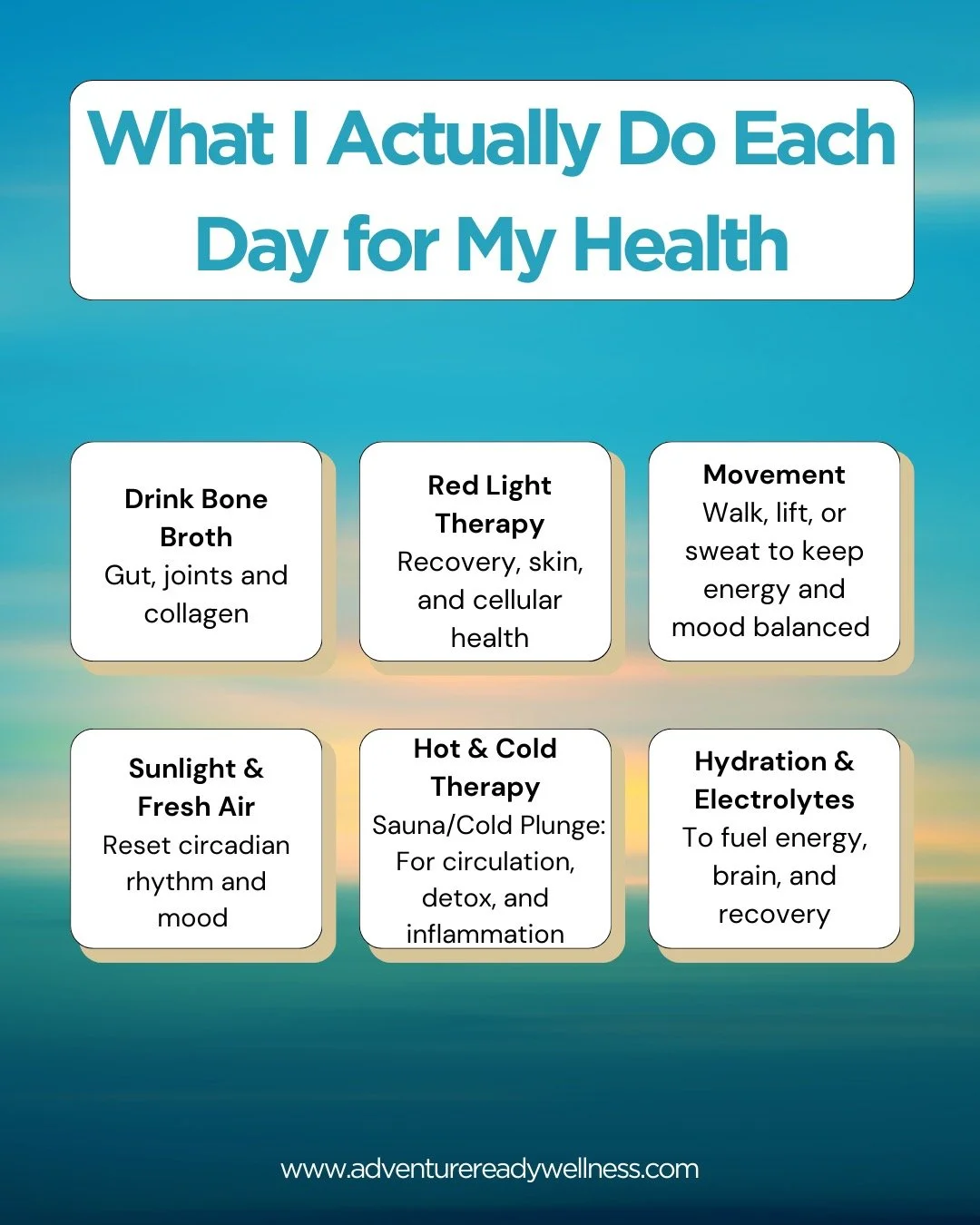 Feeling good is about consistent rituals that support my body at every level, from gut and hormones to energy and recovery.
Some days I nail every habit, some days I miss one (or two), but showing up most days is what really makes the difference. The