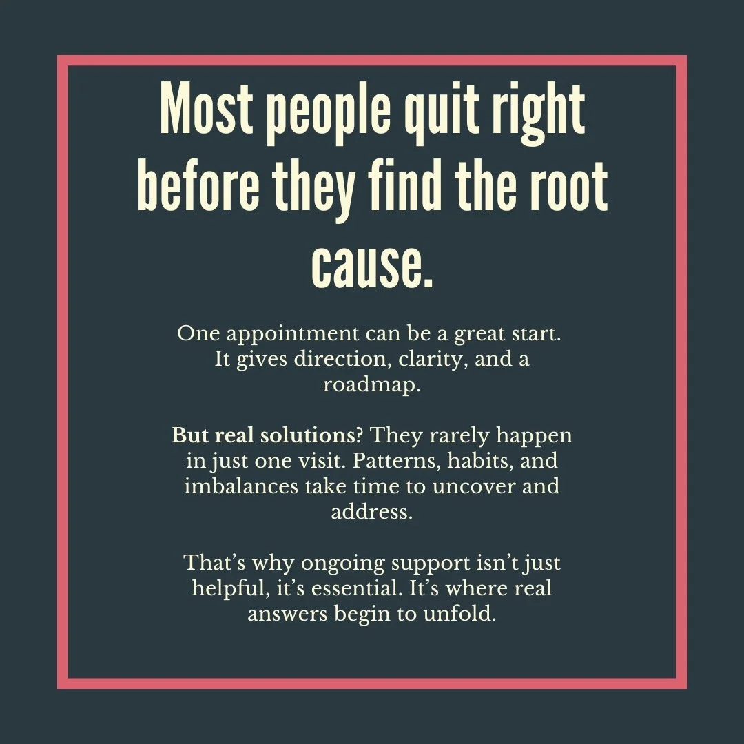 Most people quit right before they find the root cause.
In functional medicine, symptoms are the warning something is wrong. Fatigue, bloating, brain fog, or gut issues are signals that something deeper is out of balance. One appointment can give cla