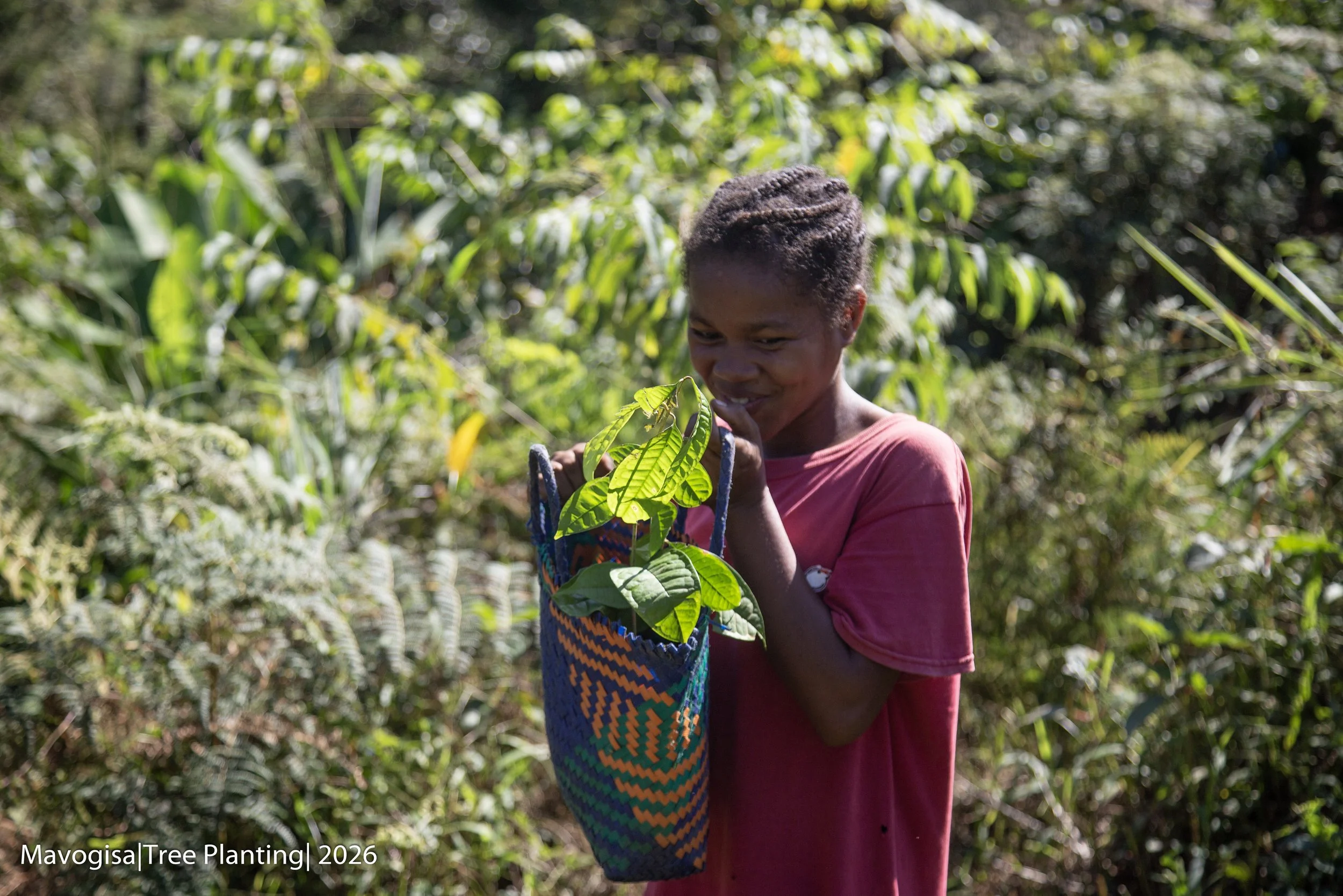 smiling girl carries seedling in a woven bag