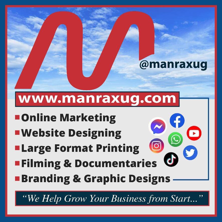 Business advertisement for Manraxug offering online marketing, website designing, large format printing, filming and documentaries, branding and graphic designs. Website is www.manraxug.com. Social media icons include Facebook, YouTube, Instagram, Wh