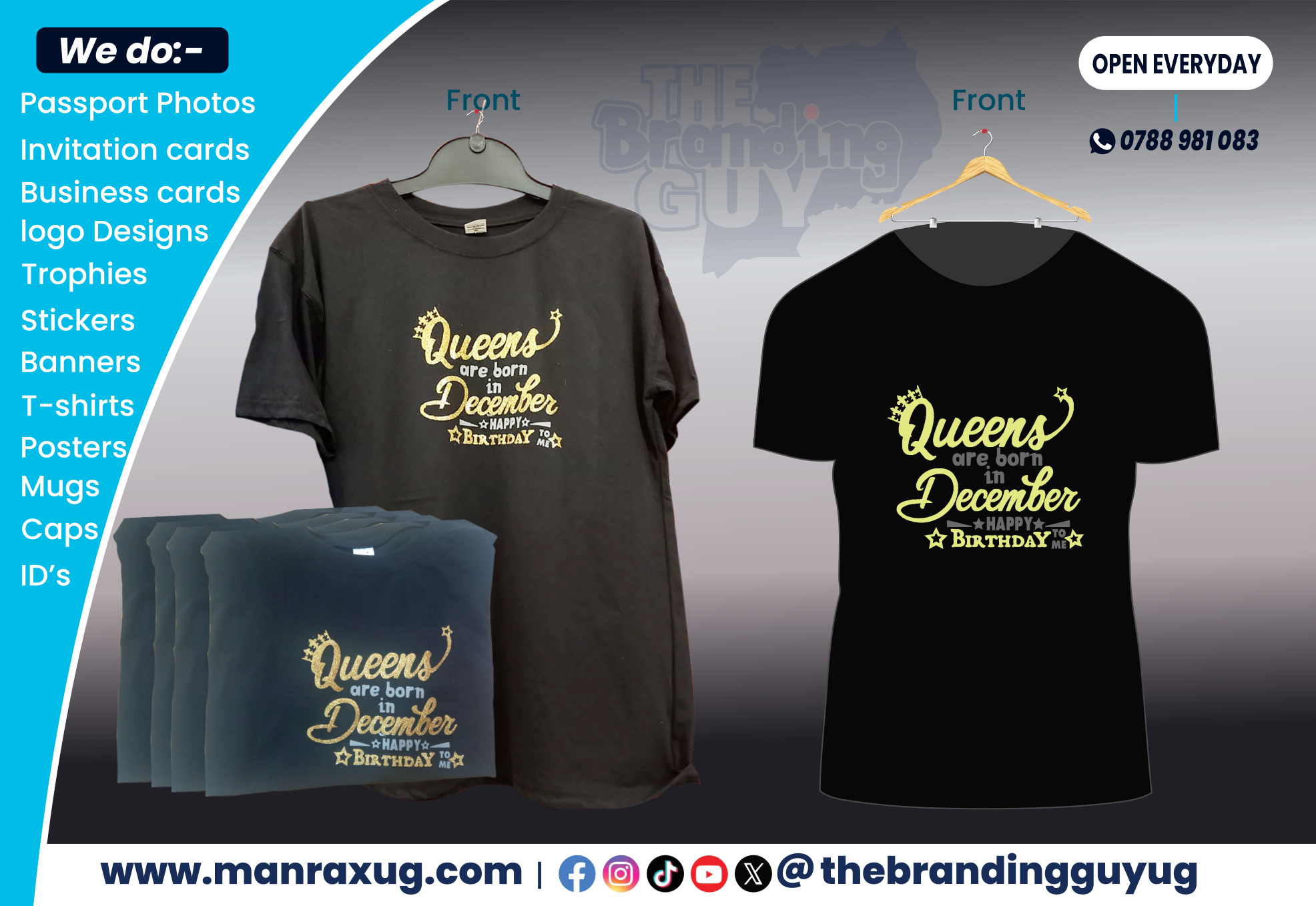 Display of black T-shirts with yellow text reading "Queens are born in December. Happy Birthday to me" on hangers and folded, advertising a custom apparel business.