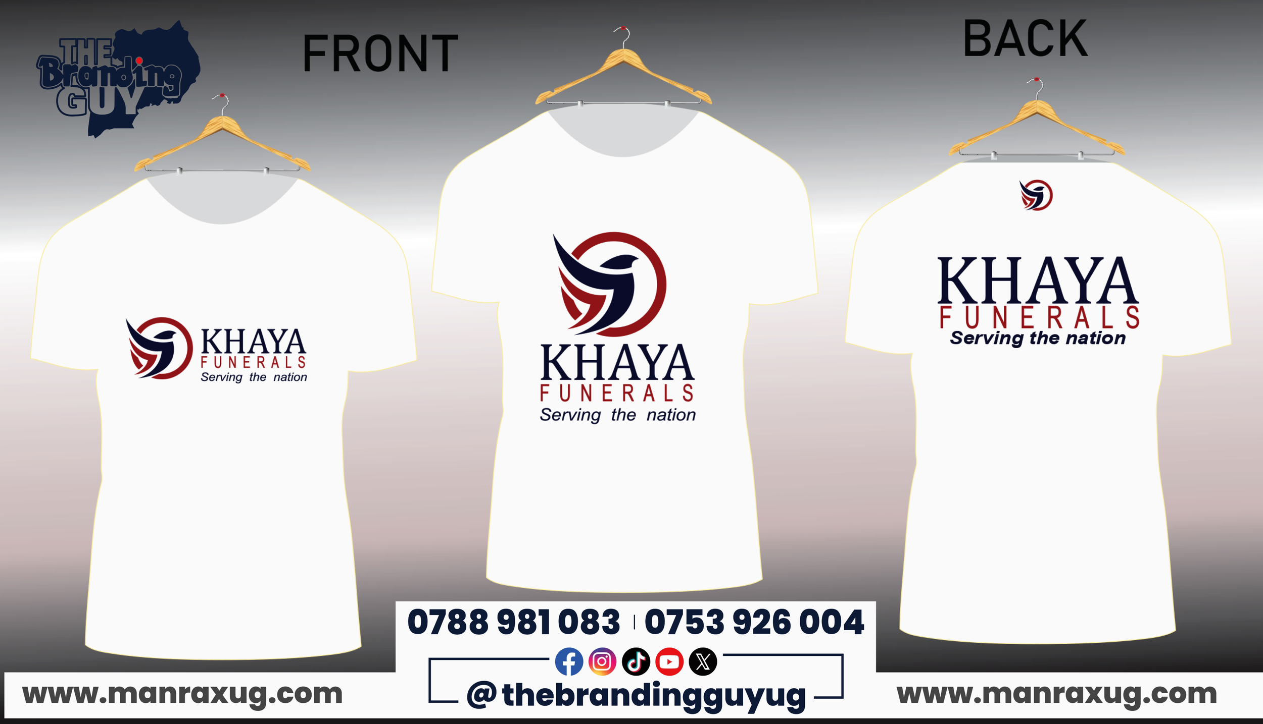 Three white T-shirts on hangers with Khaya Funerals logo, front and back views, displayed against a gradient background. The logo features a stylized bird with the text 'Khaya Funerals' and the slogan 'Serving the nation.' Contact information and soc