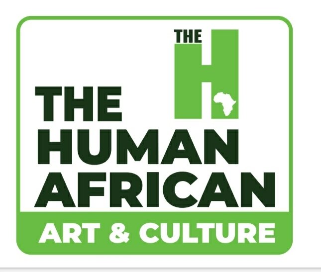 Logo for The Human African Art & Culture with a green border, featuring African continent shape inside a green block, and bold black and white text.