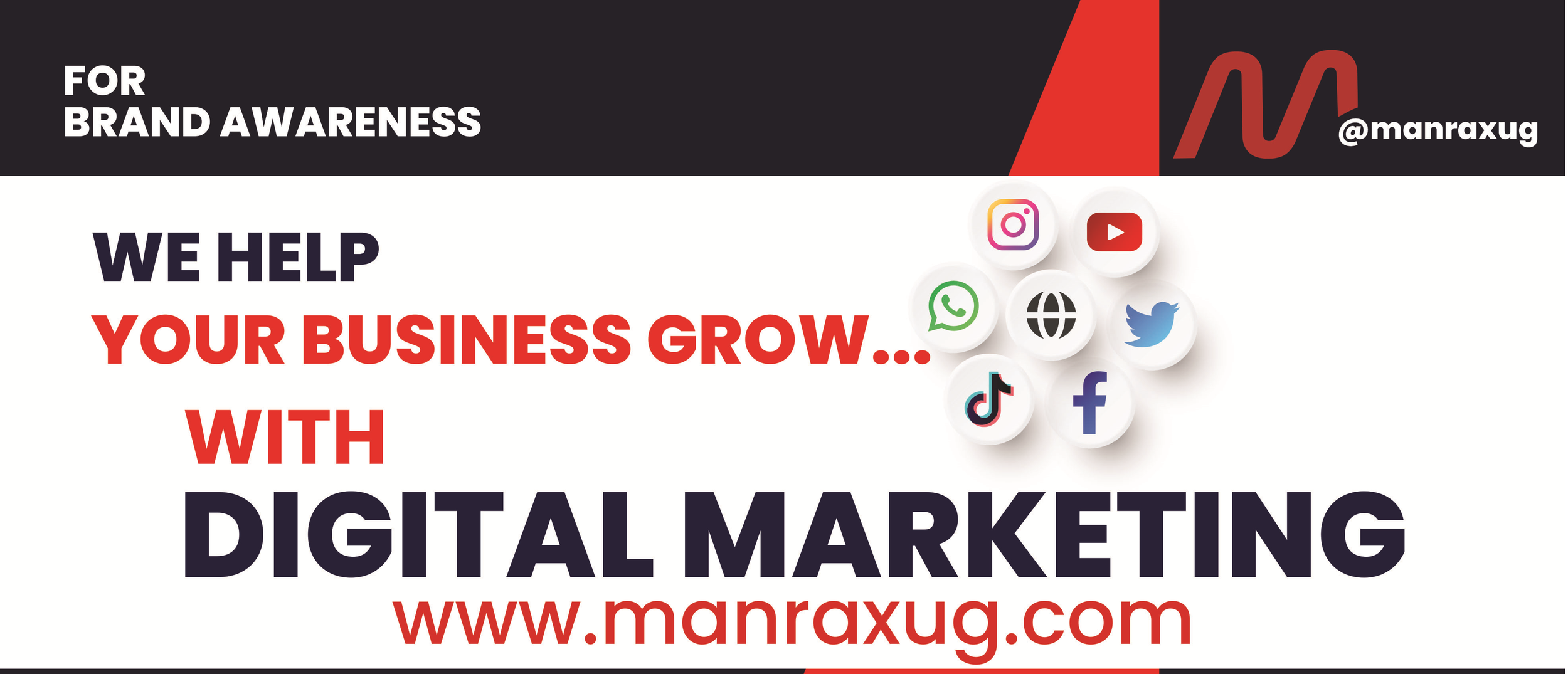 Banner advertising digital marketing services with social media icons and website link
