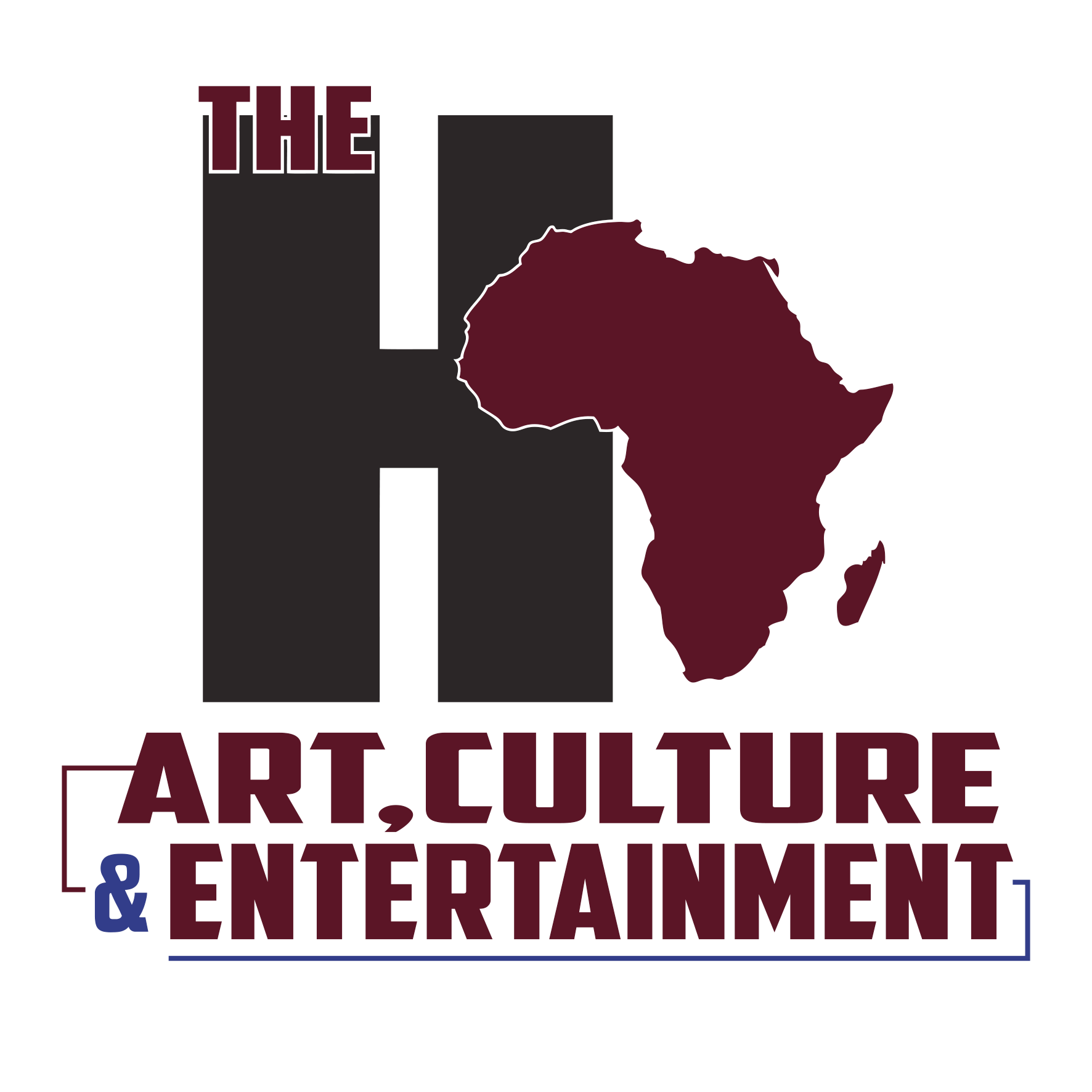 Logo for the H Art, Culture & Entertainment with a large black letter H, a maroon silhouette map of Africa, and text in maroon and blue.