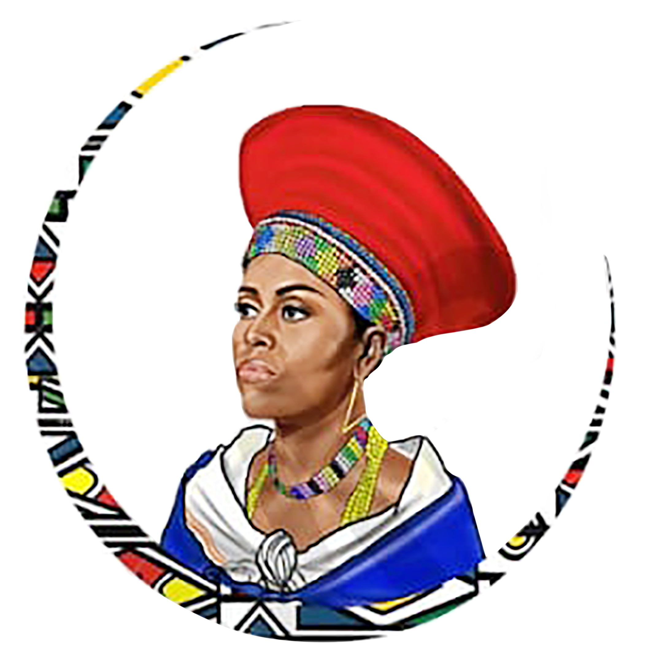 A woman in traditional African attire with a large red headdress and colorful jewelry, set against a black background with a circular border featuring colorful patterns.