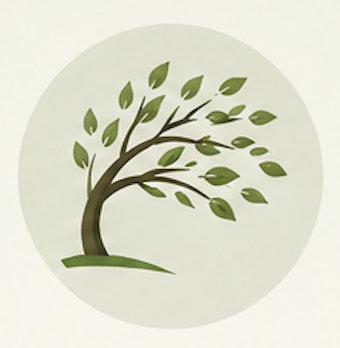 Stylized illustration of a tree with a curved trunk and green leaves inside a light circular background.
