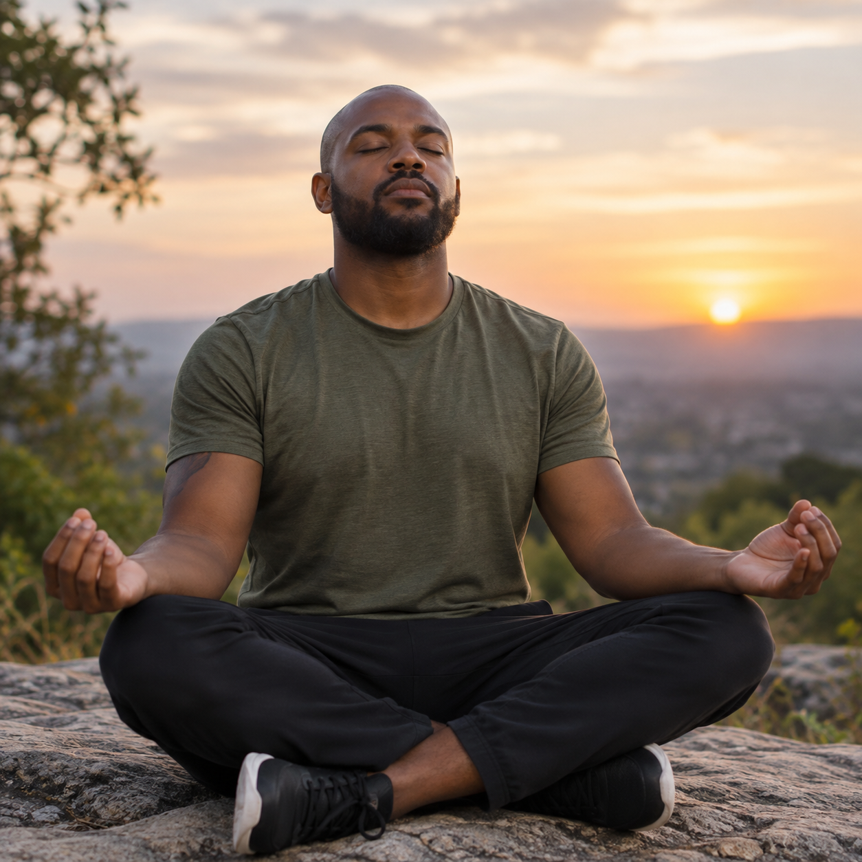 A man meditating outdoors at sunset, sitting cross-legged on a rock with eyes closed and hands resting on his knees, in a peaceful pose.