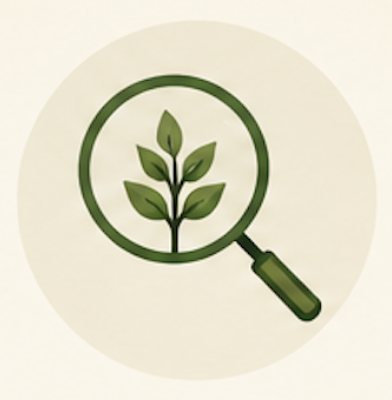A magnifying glass focused on a green plant with multiple leaves.
