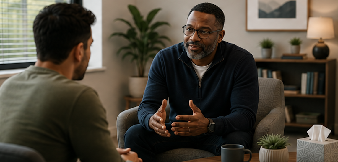 Two men having a conversation in a cozy room with bookshelves, plants, and a lamp.