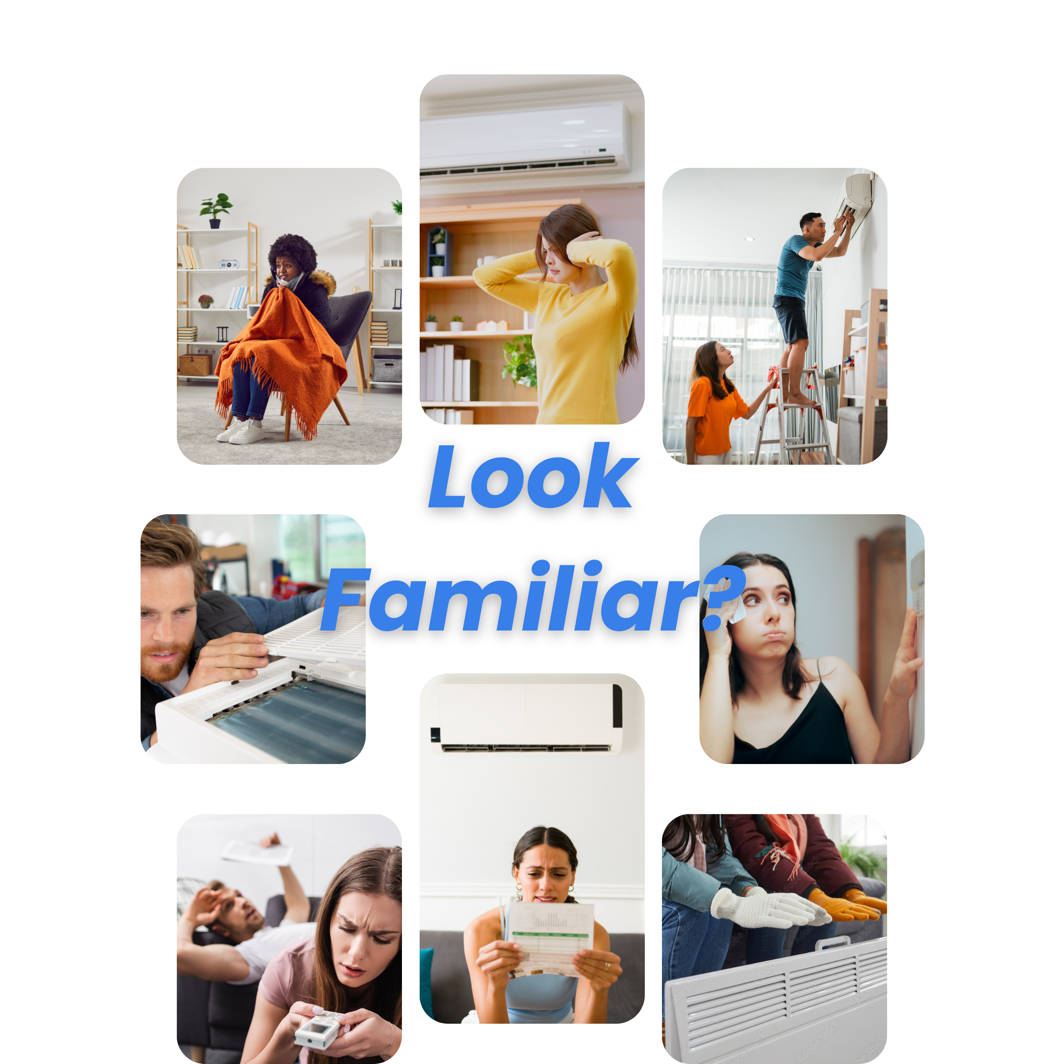 Collage of homeowners dealing with common AC problems, including a weak vent, a faulty air conditioner, and a thermostat issue