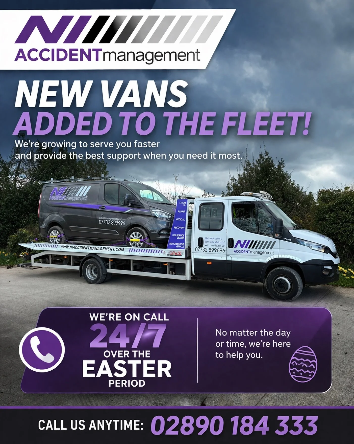 New vans just landed 🔥

Means one thing &mdash; quicker help when you need it.

We&rsquo;re on call ALL Easter weekend.
📞 02890 184 333