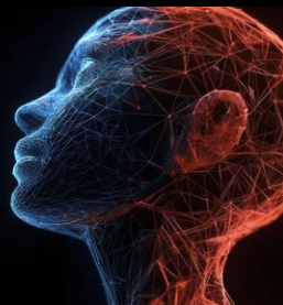 Digital illustration of a human face with neural network and brain connections, glowing in blue and red.
